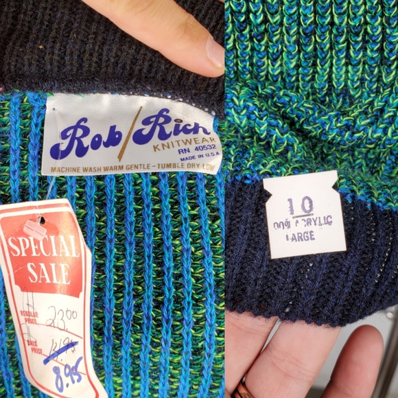 Vintage 70s 80s Neon Green Blue Collared Womens Medium Soft Cozy Sweater - Picture 2 of 7